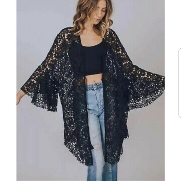 Free People Sweaters - Intimately Free People Black Eyelet Lace Kimono Size Large